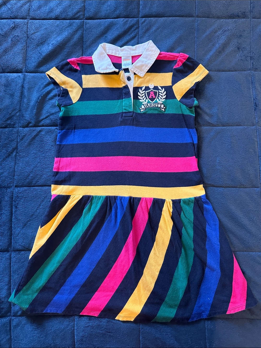 Gymboree Girls size 7 Preppy Navy Dress with Pink, Yellow, Green & Blue Stripes